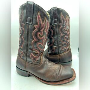 Laredo Brown Leather Boots with Red Stitching Square Toe Western Cowboy Men’s 8